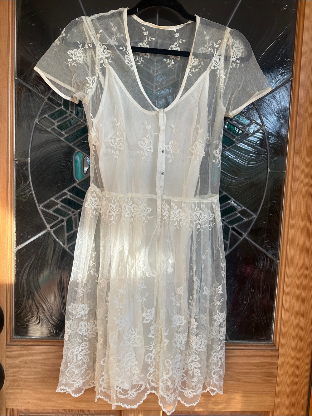 Sheer Ivory Lace Short Dress with Floral Embroidery